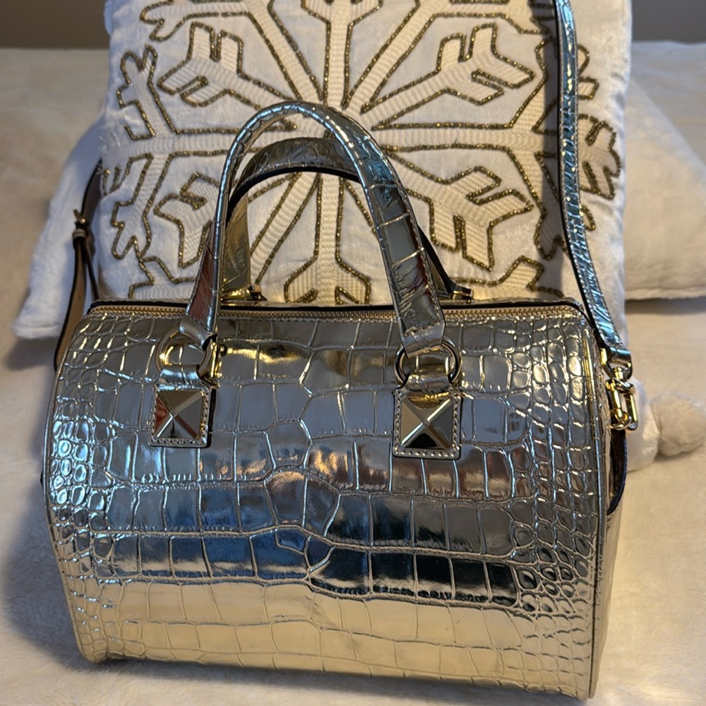 Brand New Grayson Medium Metallic Crocodile Embossed Leather Satchel